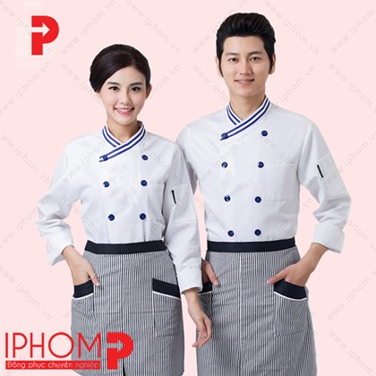 Đồng phục bếp nhà hàng màu trắng phối xanh - DB019