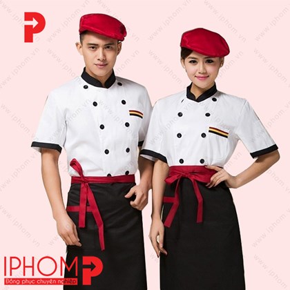 Đồng phục bếp nhà hàng màu trắng phối đen - DB026