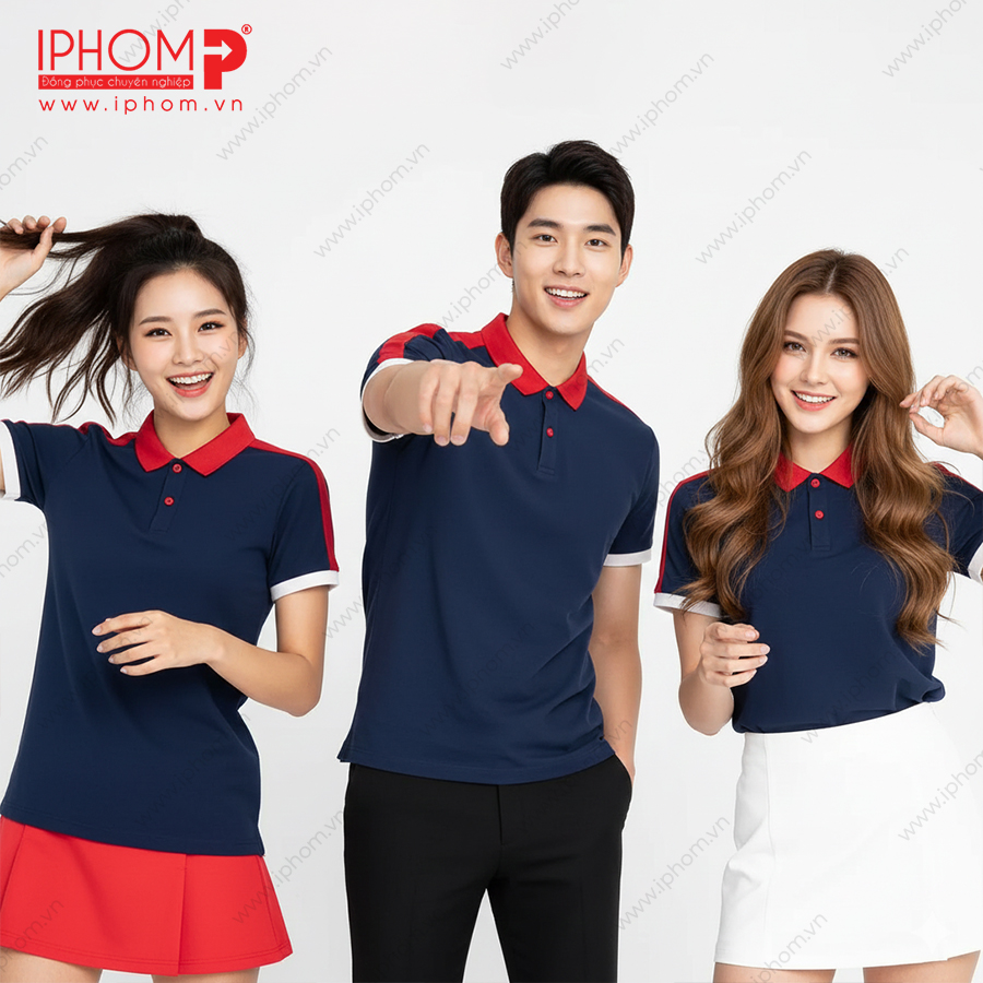 Áo polo đồng phục màu xanh than phối đỏ