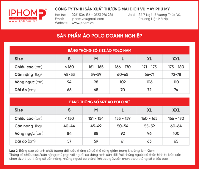 Bảng size áo polo đồng phục công ty