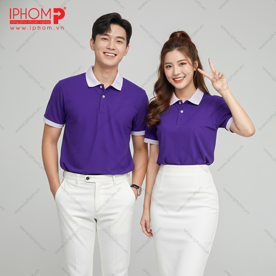 Áo Polo Đồng Phục Màu Tím - In Thêu Logo I IPHOM