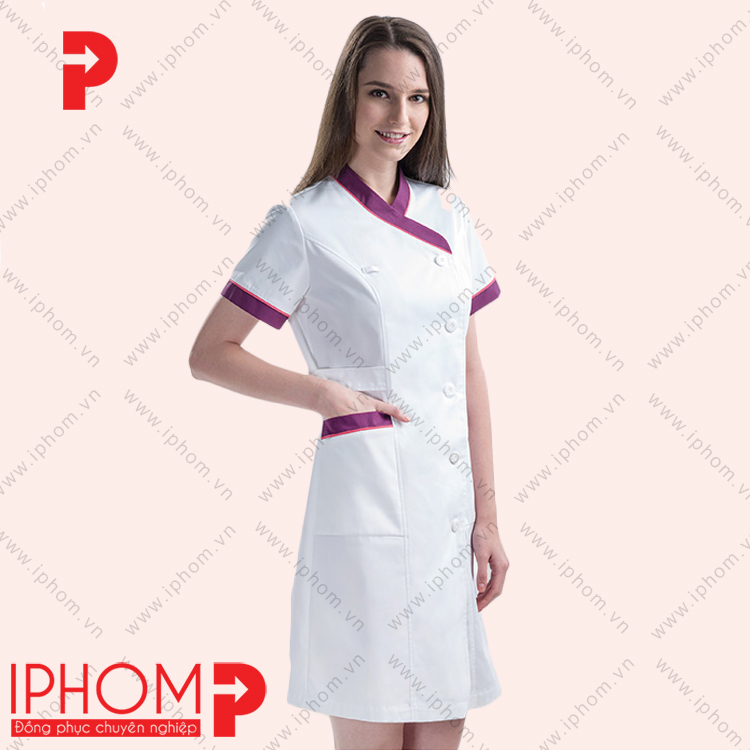Đồng phục váy y tá bệnh viện màu trắng phối hồng