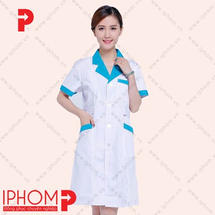 Đồng phục váy y tá bệnh viện màu trắng phối xanh