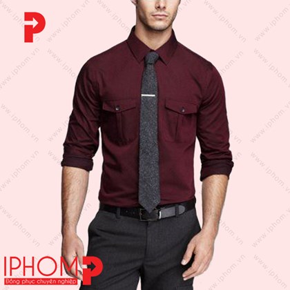 Đồng phục công sở áo sơ mi nam có túi ngực màu đỏ đô