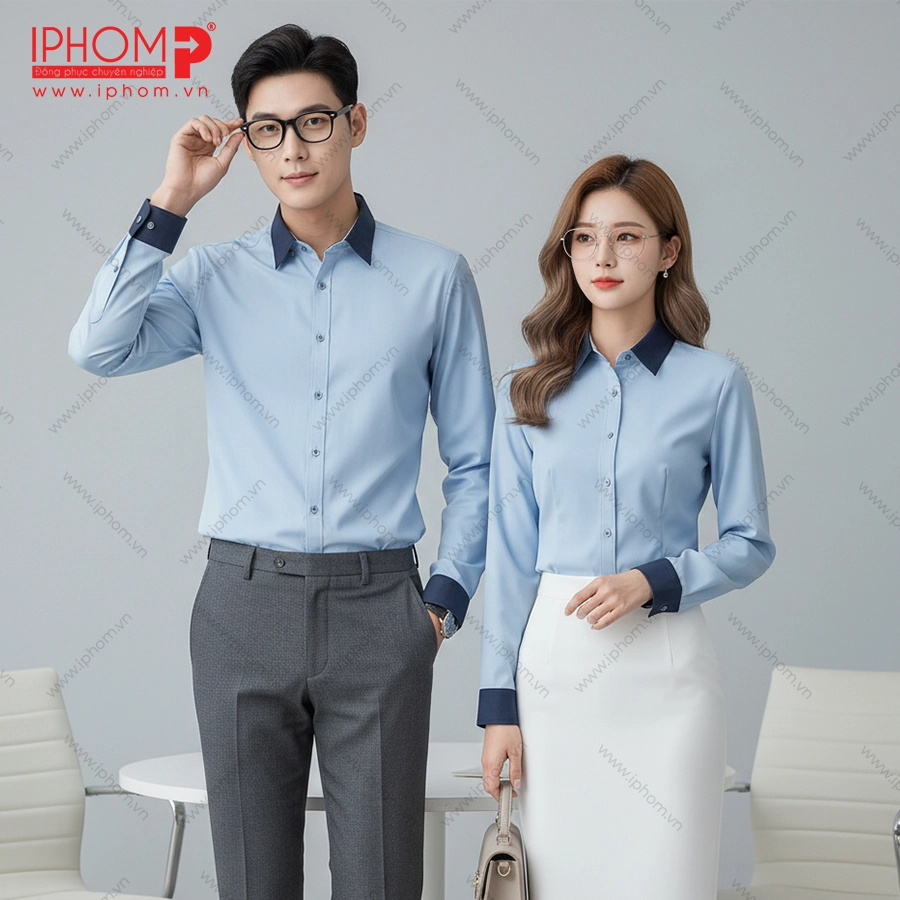 Áo Sơ Mi Đồng Phục Công Sở Cho Nam Nữ Màu Xanh Biển Thiết Kế Đẹp