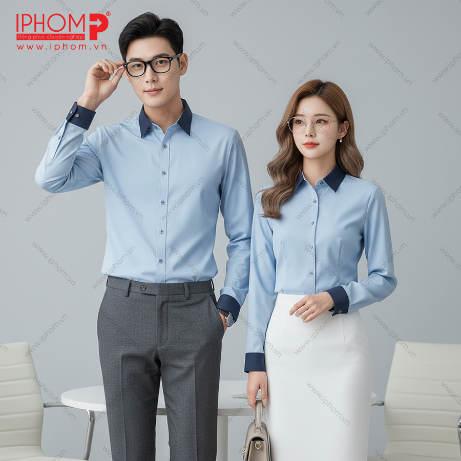 Áo Sơ Mi Đồng Phục Công Sở Cho Nam Nữ Màu Xanh Biển Thiết Kế Đẹp