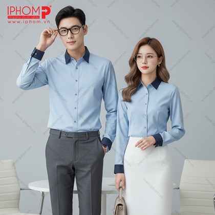 Áo Sơ Mi Đồng Phục Công Sở Cho Nam Nữ Màu Xanh Biển Thiết Kế Đẹp