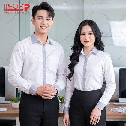 Áo Sơ Mi Đồng Phục Công Sở Màu Trắng Phối Ghi - SMT02