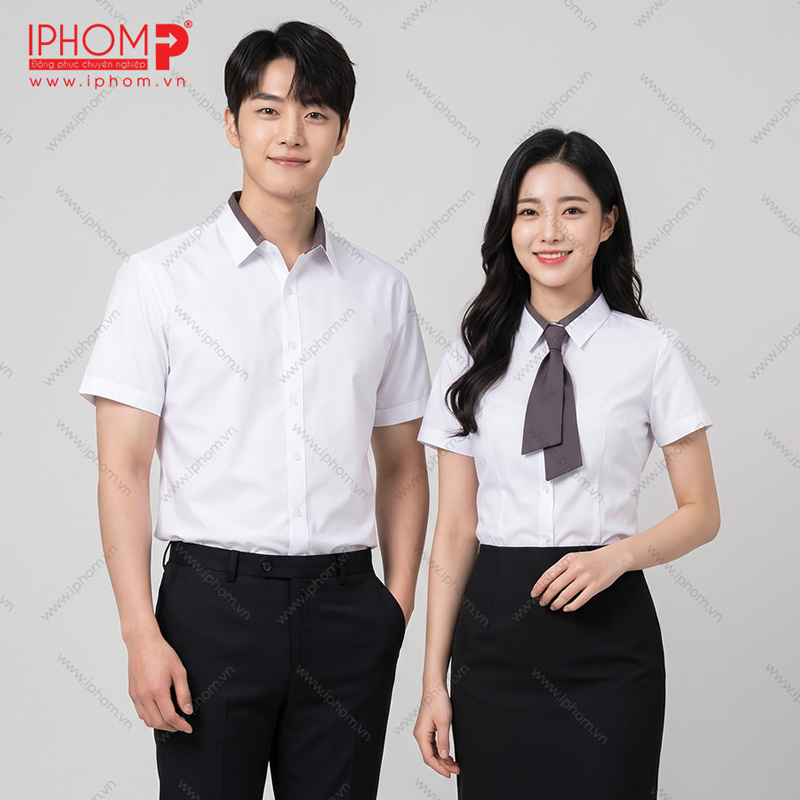 Áo Sơ Mi Đồng Phục Công Sở Màu Trắng Phối Nâu Đẹp, Thanh Lịch