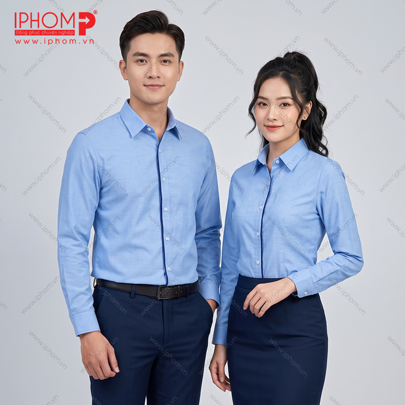 Áo Sơ Mi Đồng Phục Công Sở Nam Nữ Màu Xanh Cao Cấp