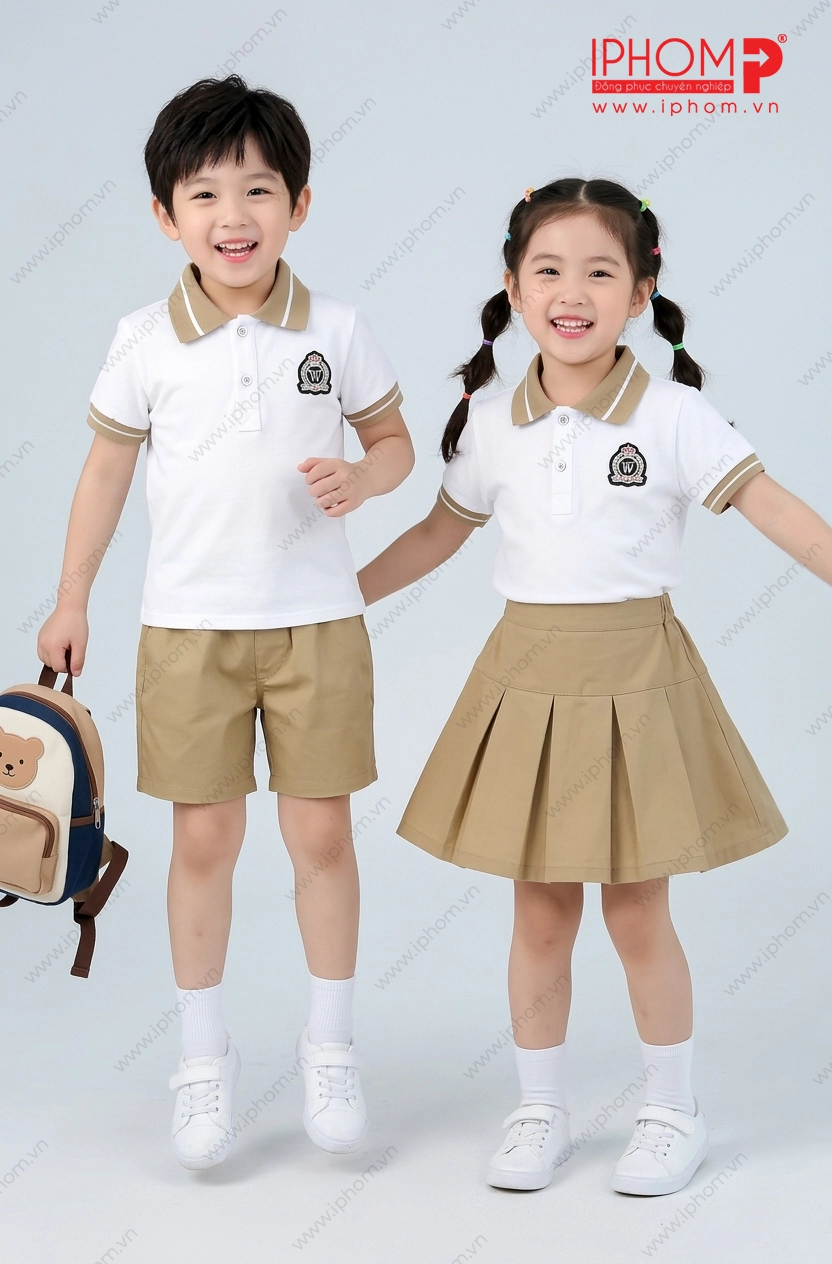 Đồng phục mầm non màu trắng phối màu be
