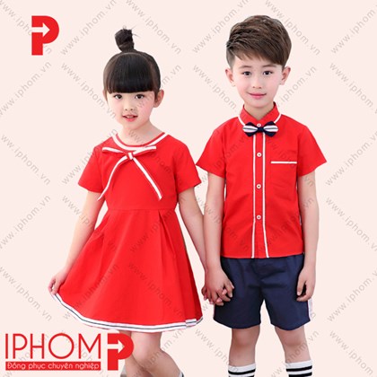 Đồng phục học sinh mầm non váy màu đỏ đính nơ