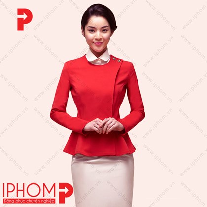 Đồng phục lễ tân khách sạn bộ peplum màu đỏ